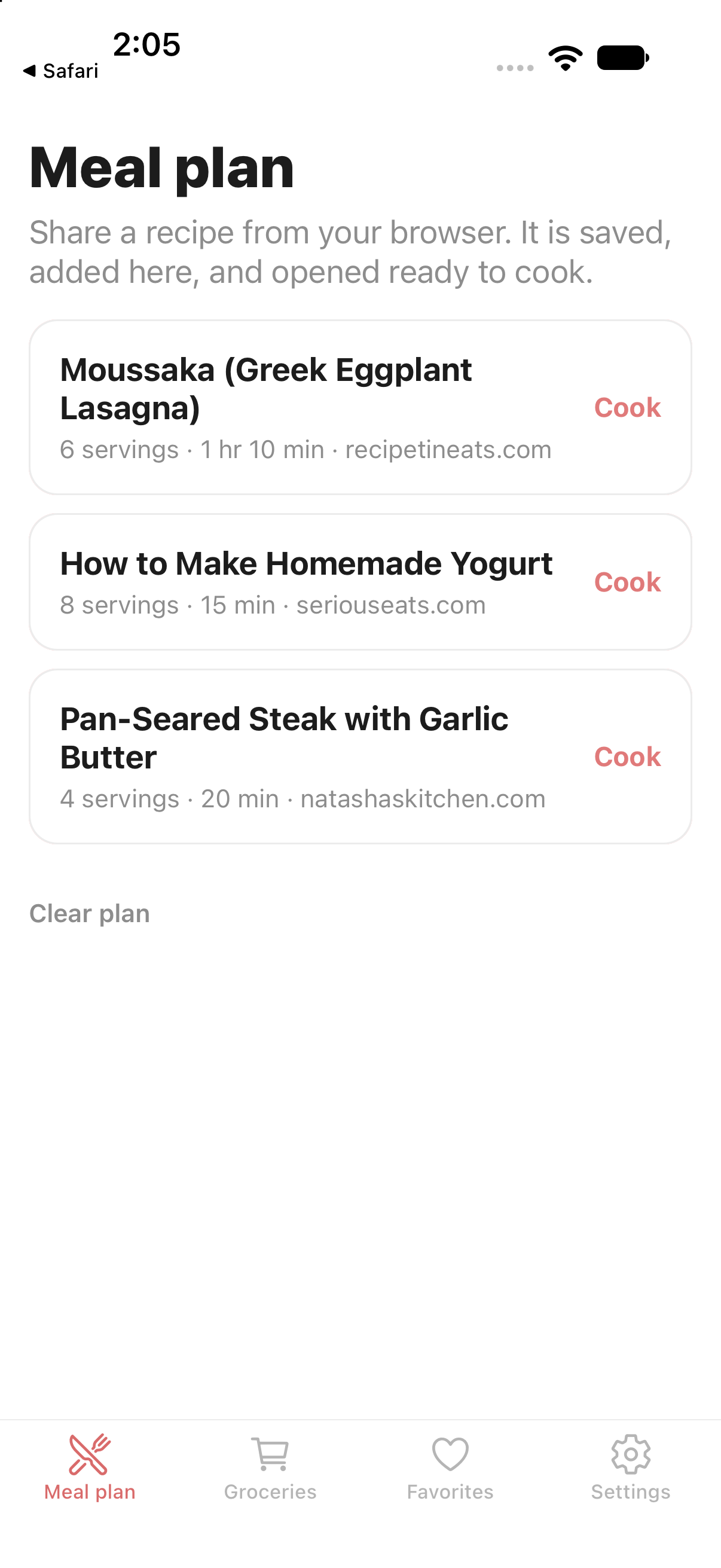 A meal plan with meals ready to cook